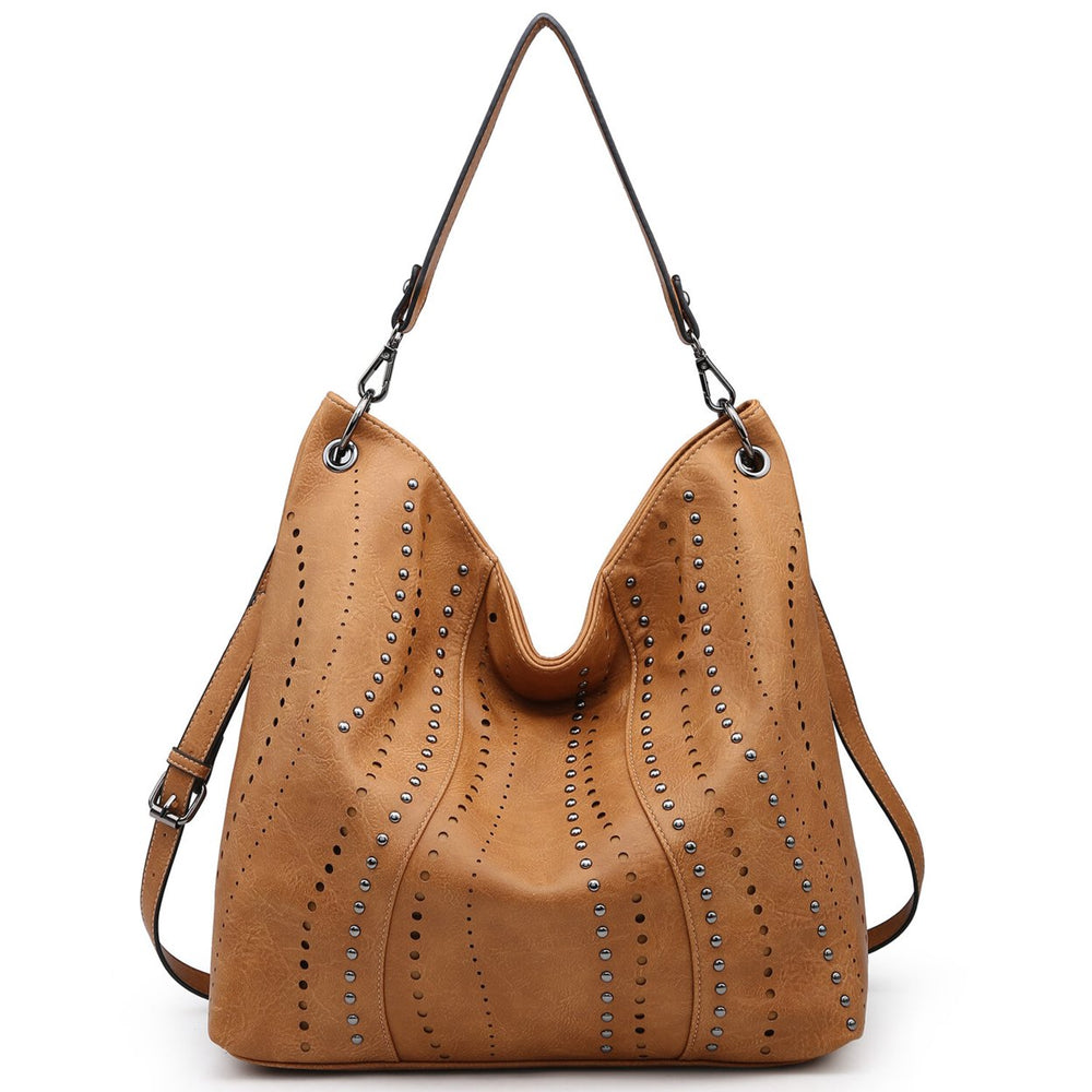 Large Hobo Shoulder Bag Bucket Handbag Purse with Studs Vegan Leather Image 2