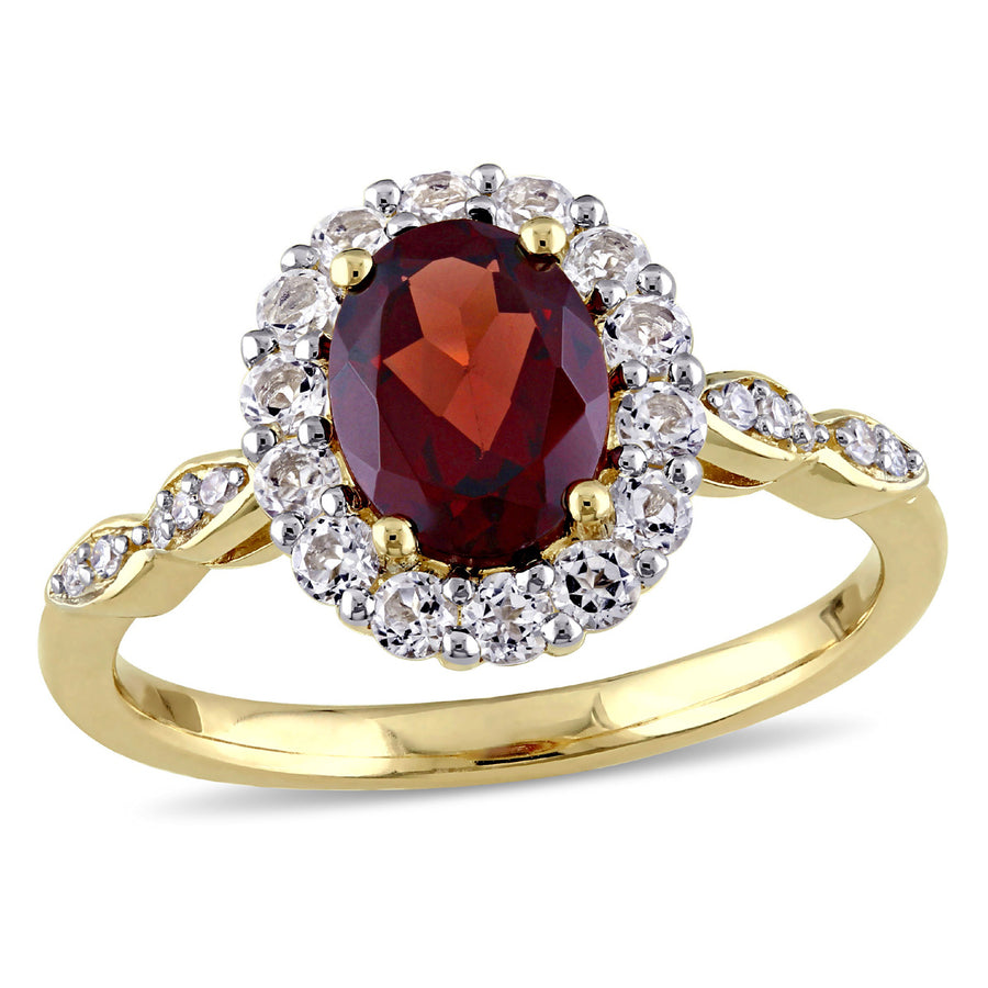Garnet and White Topaz Fashion Ring 2 Carat (ctw) with Diamonds in 14K Yellow Gold Image 1