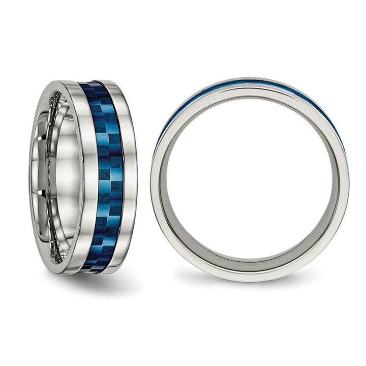 Mens or Ladies Blue IP Plated Stainless Steel Checkered Band Ring (7mm) Image 4