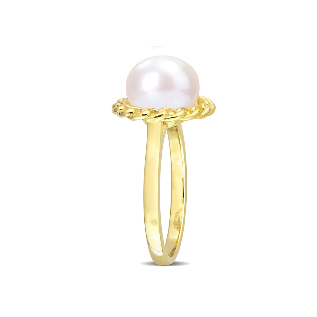 9mm White Freshwater Cultured Pearl Ring in Yellow Plated Sterling Silver Image 4