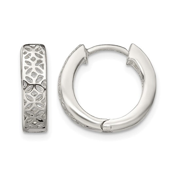 Sterling Silver Floral Cut-Out Hinged Hoop Earrings Image 1