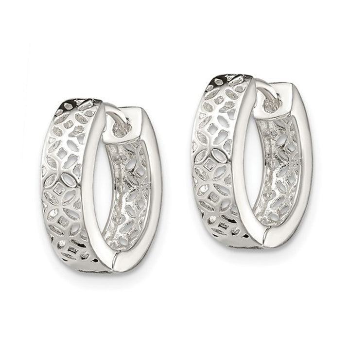 Sterling Silver Floral Cut-Out Hinged Hoop Earrings Image 3