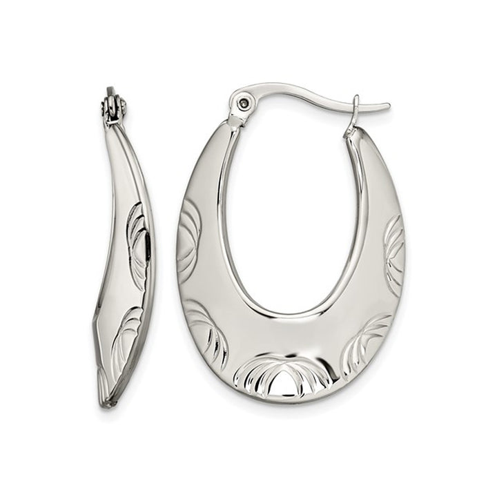 Stainless Steel Textured Patterned Hoop Earrings Image 1