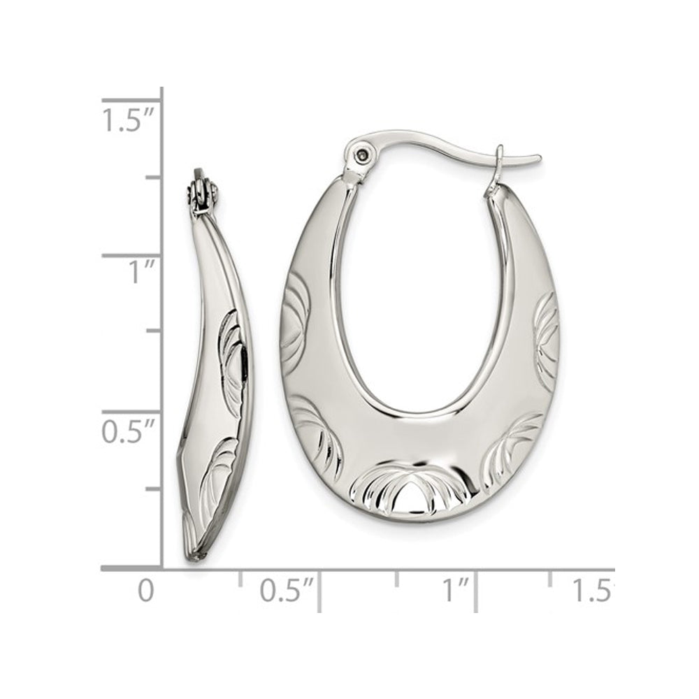 Stainless Steel Textured Patterned Hoop Earrings Image 2