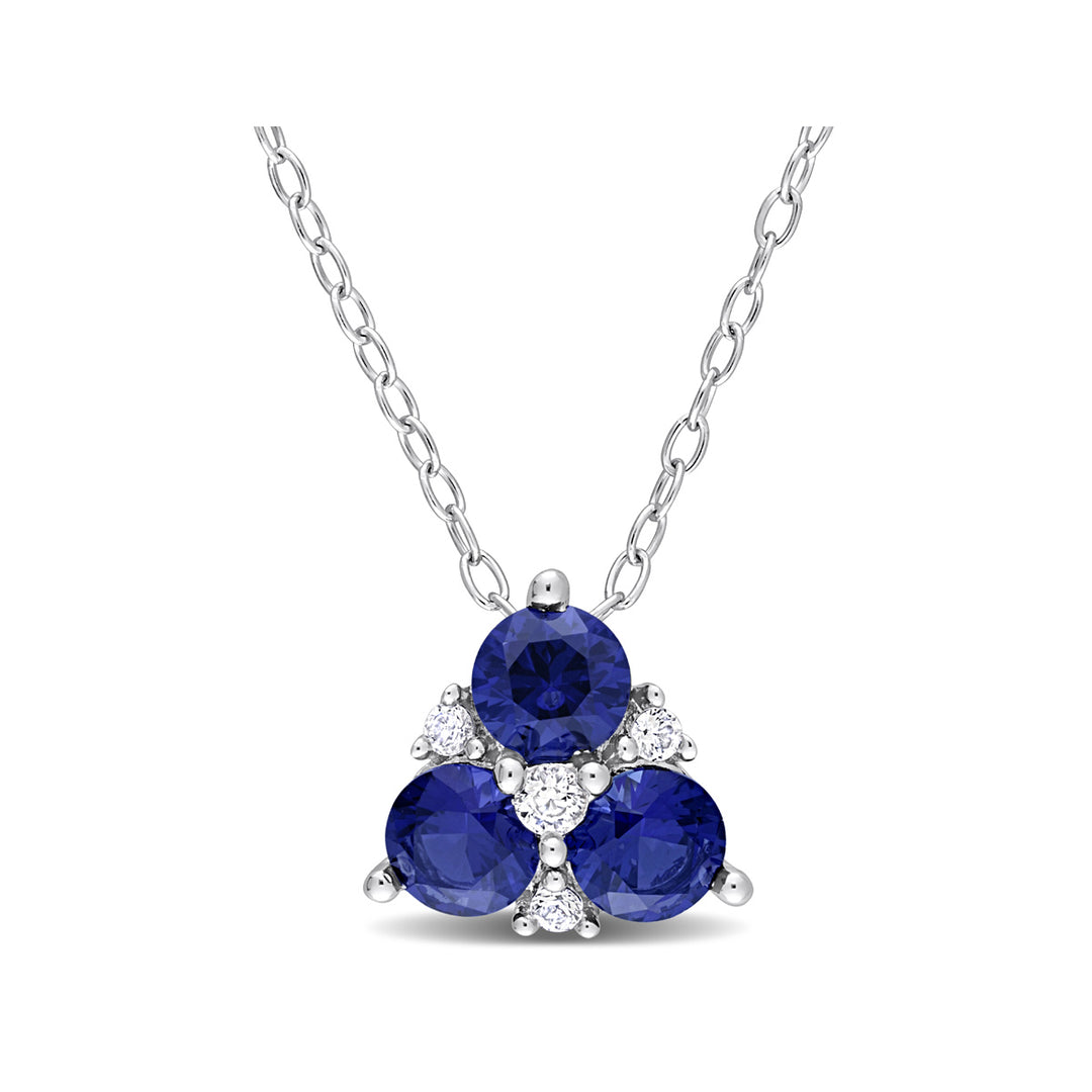 1.35 Carat (ctw) Lab-Created Blue Three Stone Pendant Necklace in Sterling Silver with Chain Image 1