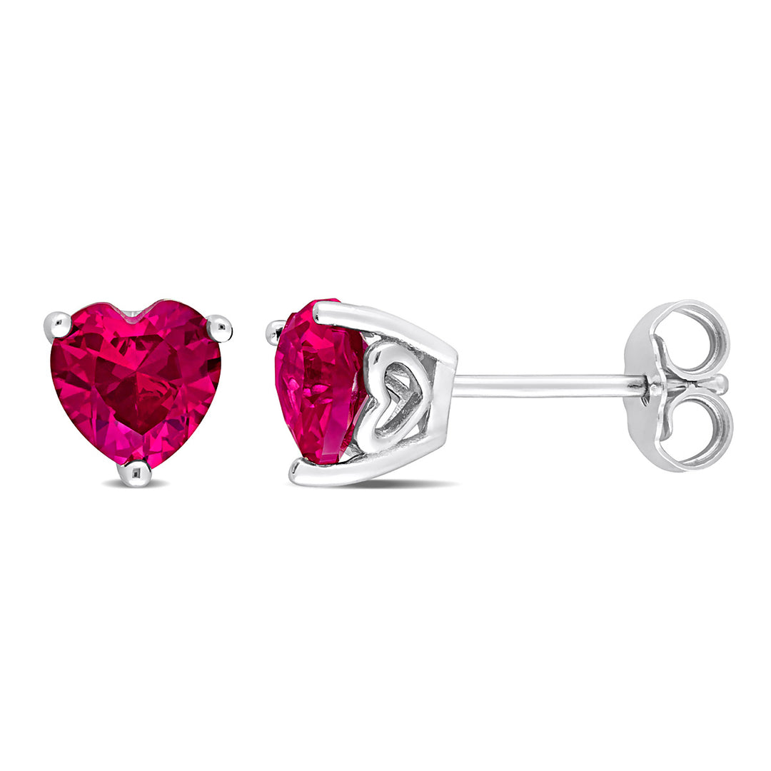 2.00 Carat (ctw) Lab-Created Ruby Solitaire Heart Earrings in Sterling Silver (8mm) Image 1