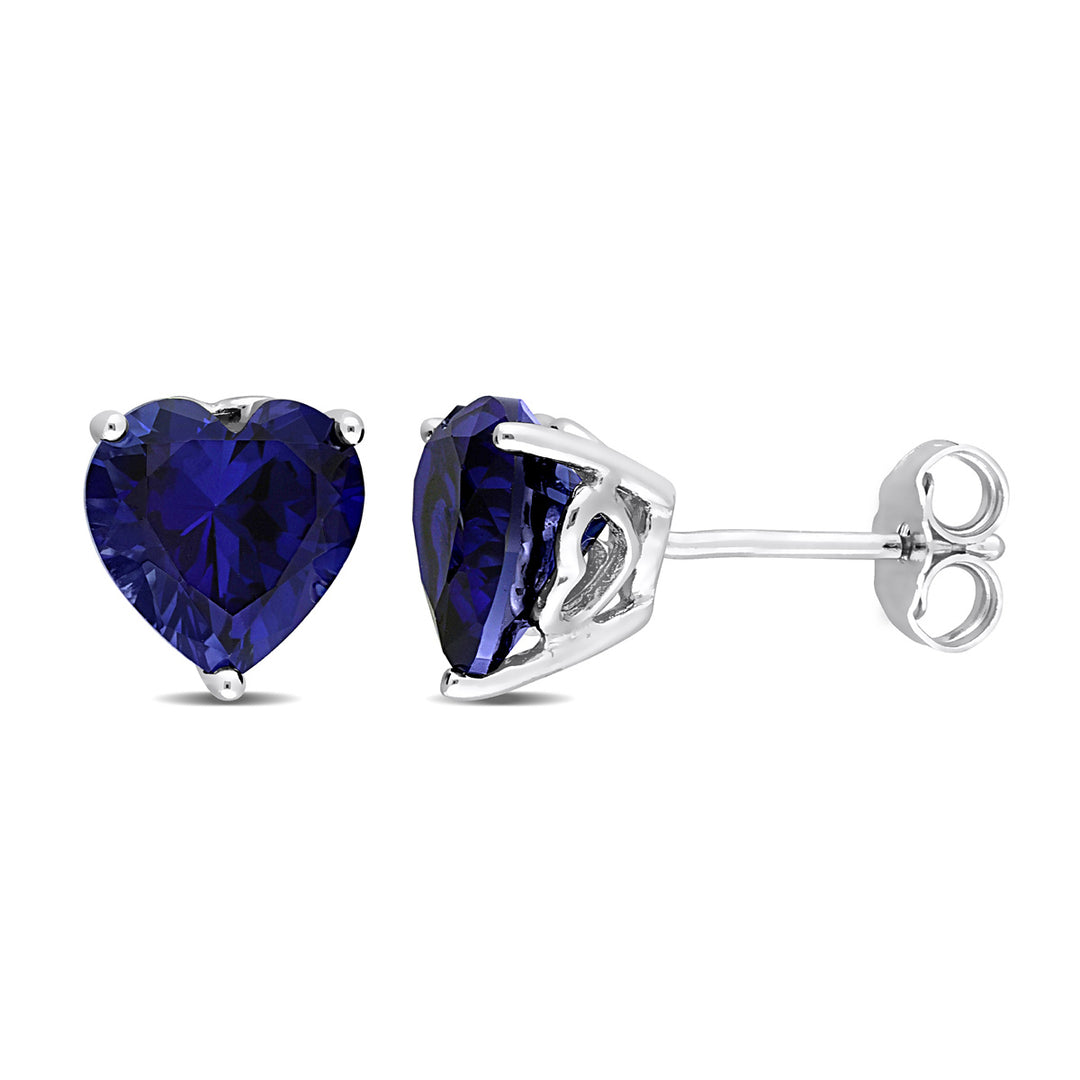 4.50 Carat (ctw) Lab-Created Blue Sapphire Heart Solitaire Earrings in Sterling Silver (8mm) Image 1