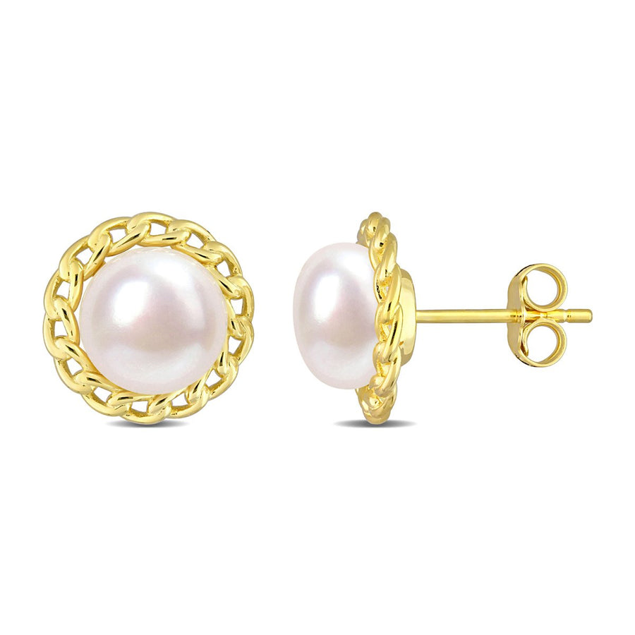 8-8.5mm White Freshwater Cultured Pearl Stud Earrings in Yellow Plated Sterling Silver Image 1