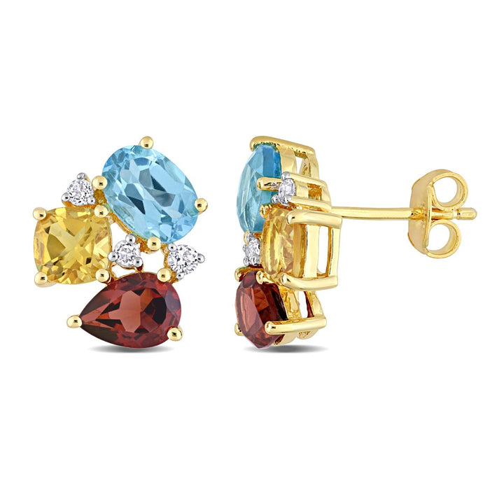 4.90 Carat (ctw) Garnet Blue Topaz and Citrine Button Earrings in Yellow Plated Sterling Silver Image 1