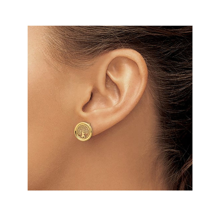 14K Yellow Gold Tree of Life Button Stud Earrings Image 4