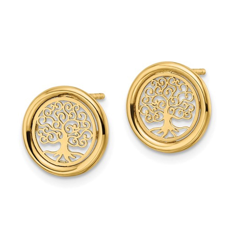 14K Yellow Gold Tree of Life Button Stud Earrings Image 4