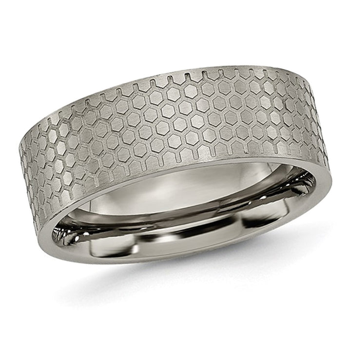 Mens Titanium Pattern Brushed Flat Band Ring 8mm Image 1