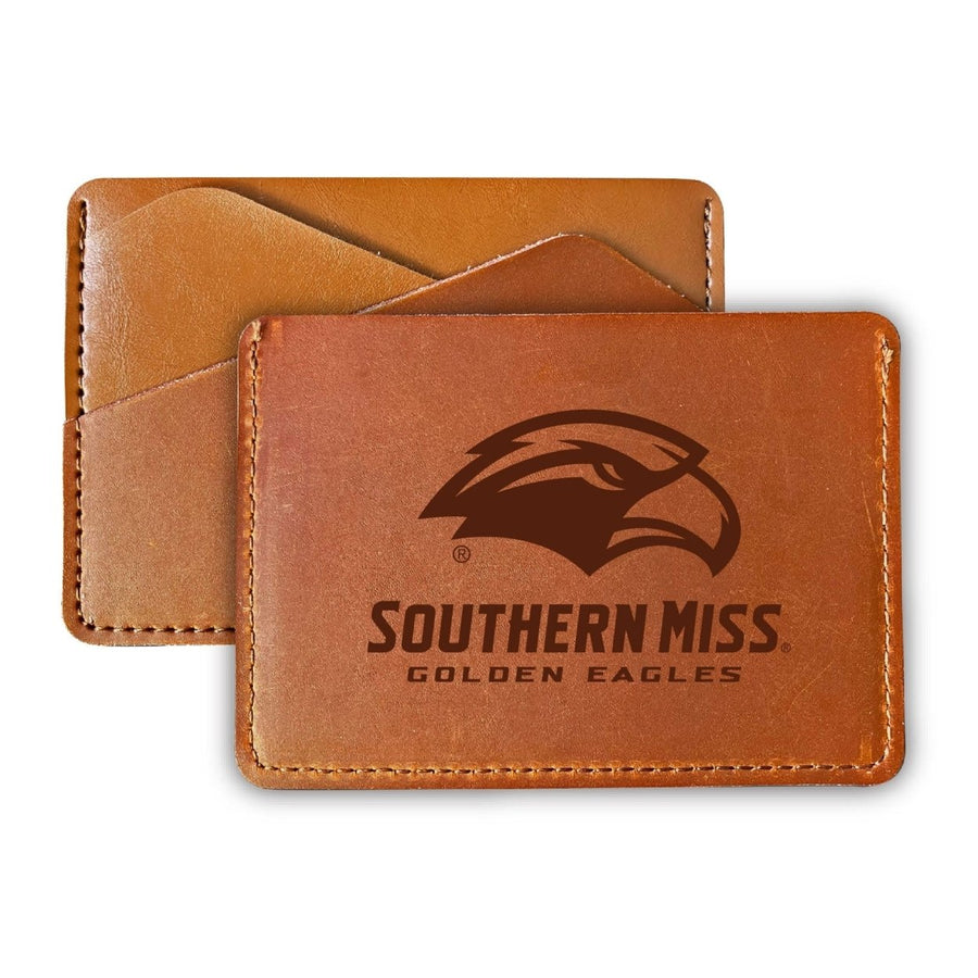 Elegant Southern Mississippi Golden Eagles Leather Card Holder Wallet - Slim ProfileEngraved Design Image 1