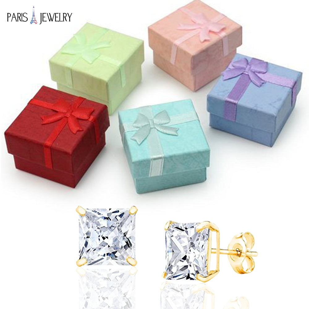 Paris Jewelry 10k Yellow Gold Created White Sapphire CZ 3 Carat Square Stud Plated Earrings Image 3