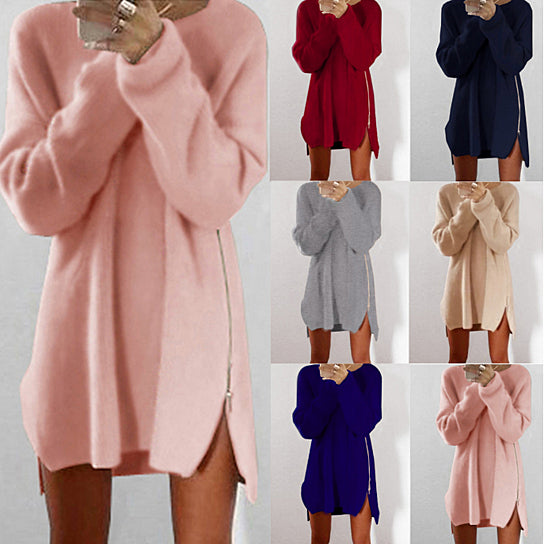 Womens Warm Loose Above Knee Polyester Plain Knitted Zipper Sweater Image 1