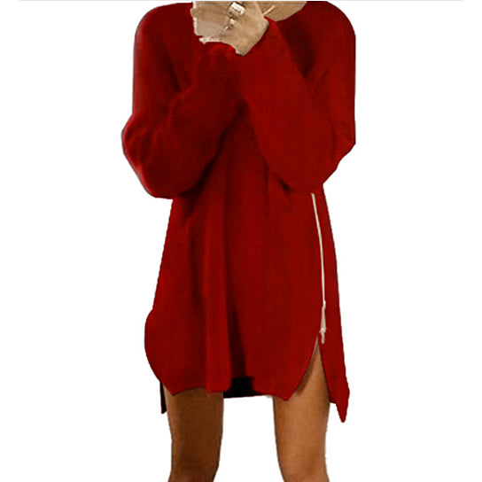 Womens Warm Loose Above Knee Polyester Plain Knitted Zipper Sweater Image 3