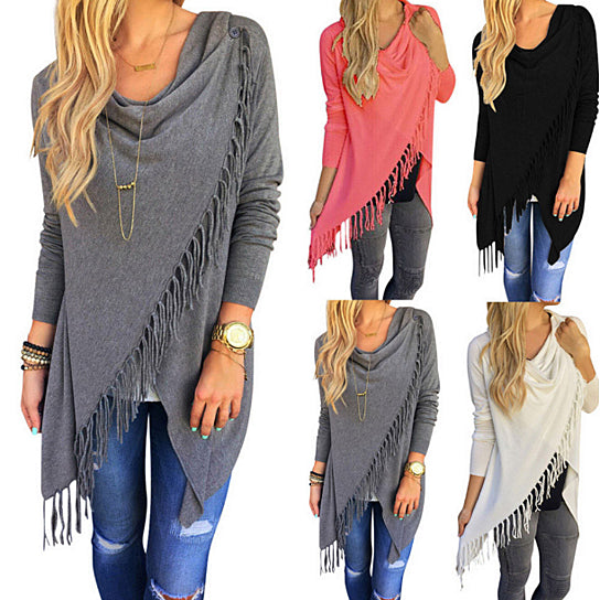 Casual Women Long Sleeve Solid Tassel Slash Blouse Tops Shirt Blouse Image 1