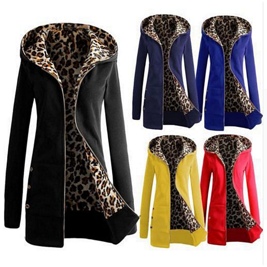 S-6XL Plus Size Womens Long Sleeve Fleece Sweat Zip Hoodie Leopard Casual Coat Image 1