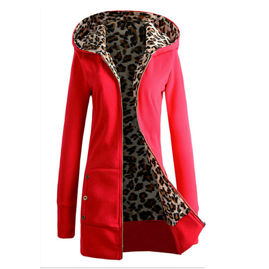 S-6XL Plus Size Womens Long Sleeve Fleece Sweat Zip Hoodie Leopard Casual Coat Image 2