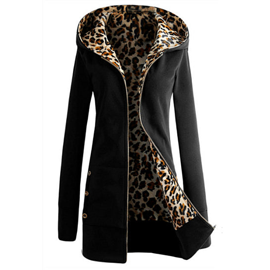 S-6XL Plus Size Womens Long Sleeve Fleece Sweat Zip Hoodie Leopard Casual Coat Image 3