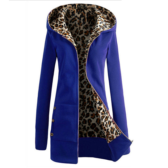 S-6XL Plus Size Womens Long Sleeve Fleece Sweat Zip Hoodie Leopard Casual Coat Image 4