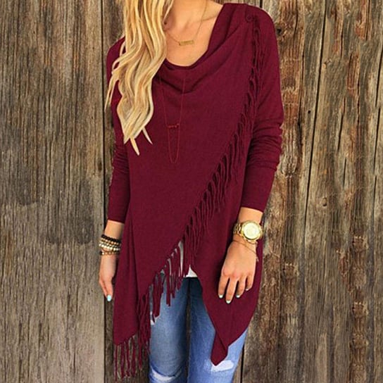 Casual Women Long Sleeve Solid Tassel Slash Blouse Tops Shirt Blouse Image 1