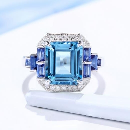 Aurora Blue Premium Jewelry Topaz Sea Blue Jewelry Ring Luxury Princess Square Diamond Image 1