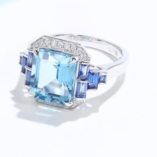 Aurora Blue Premium Jewelry Topaz Sea Blue Jewelry Ring Luxury Princess Square Diamond Image 3