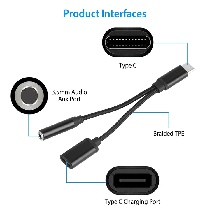 USB Type C to 3.5mm Aux Audio Adapter Portable Braided TPE Charging Cable Black Image 2