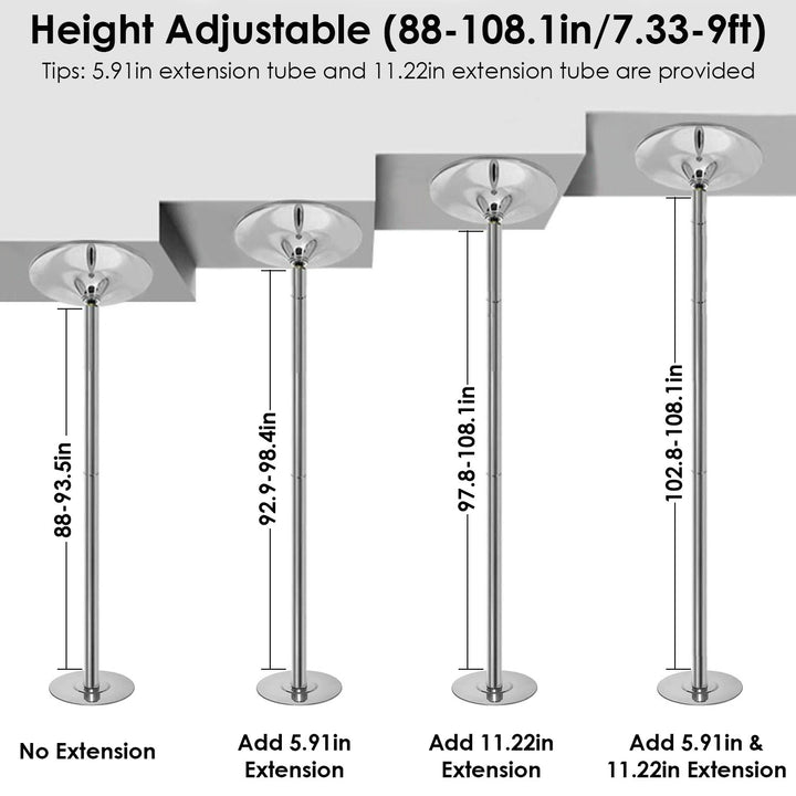 Stripper Dance Pole 45mm Adjustable Height Silver 551lbs Spinning Static Image 3