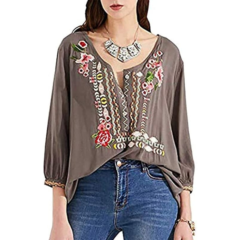 Womens Embroidered Tops 3/4 Sleeve Bohemian V Neck Loose Mexican Peasant Shirts Tunics Blouses Image 1