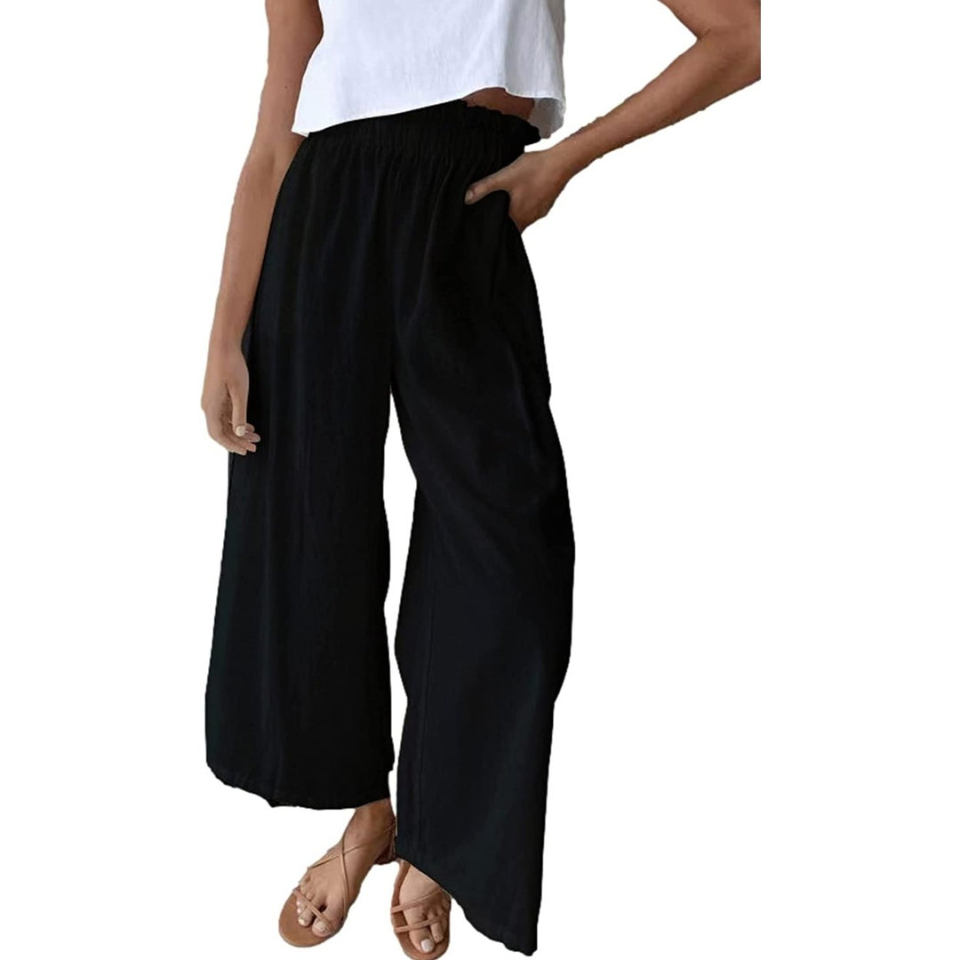 Womens Culottes Wide Leg Linen Palazzo Pants High Waisted Capris Cropped Trousers Image 7