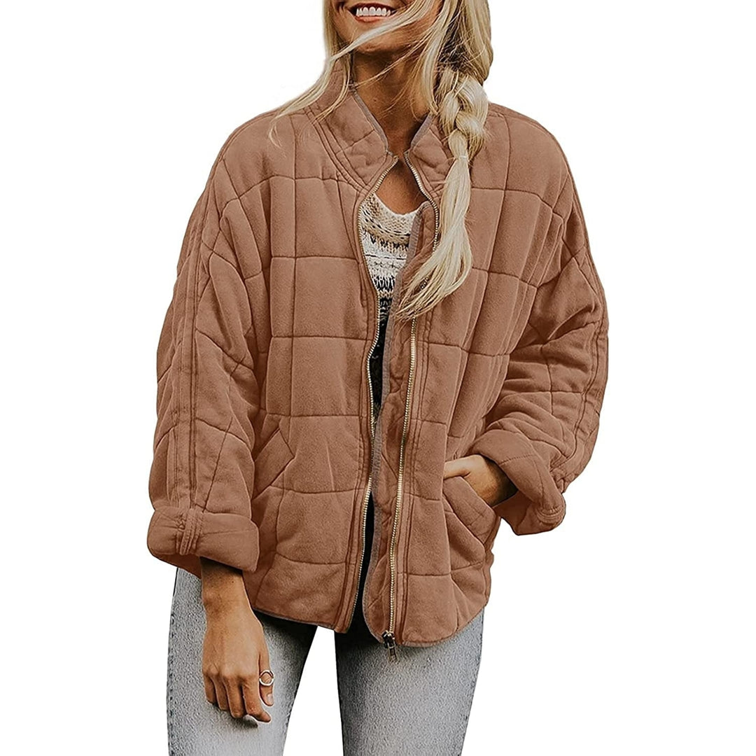 Quilted Jackets For Women Lightweight Womens Casual Padded Full Zip Stand Collar Jackets Coat Fashion Outerwear Image 4