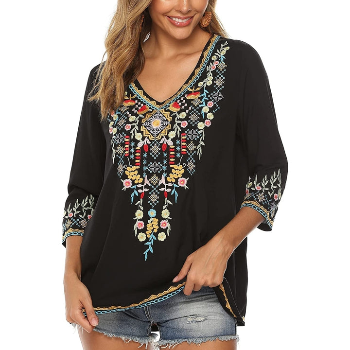 Womens Casual Summer Tops Hippie Clothes Traditional Floral Embroidered Boho Shirt Mexican Peasant Blouses for Women Image 1