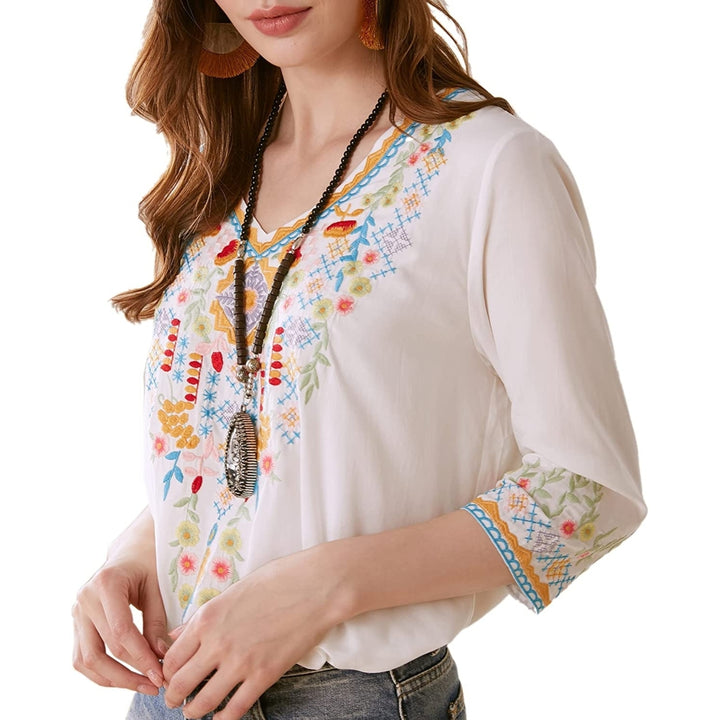 Womens Casual Summer Tops Hippie Clothes Traditional Floral Embroidered Boho Shirt Mexican Peasant Blouses for Women Image 7