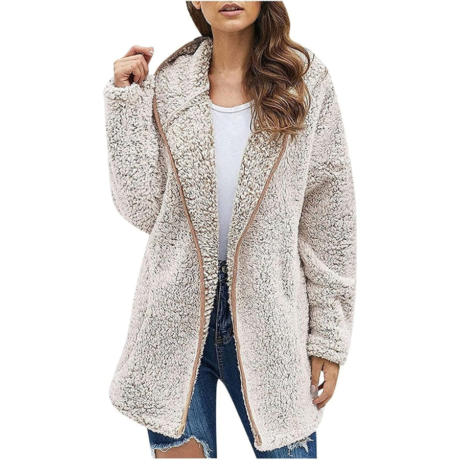 Womens Winter Coats Plus Size Fleece Jacket Long Sleeve Hooded Cardigan Sweatshirts Open Front Lapel Outerwears Image 1