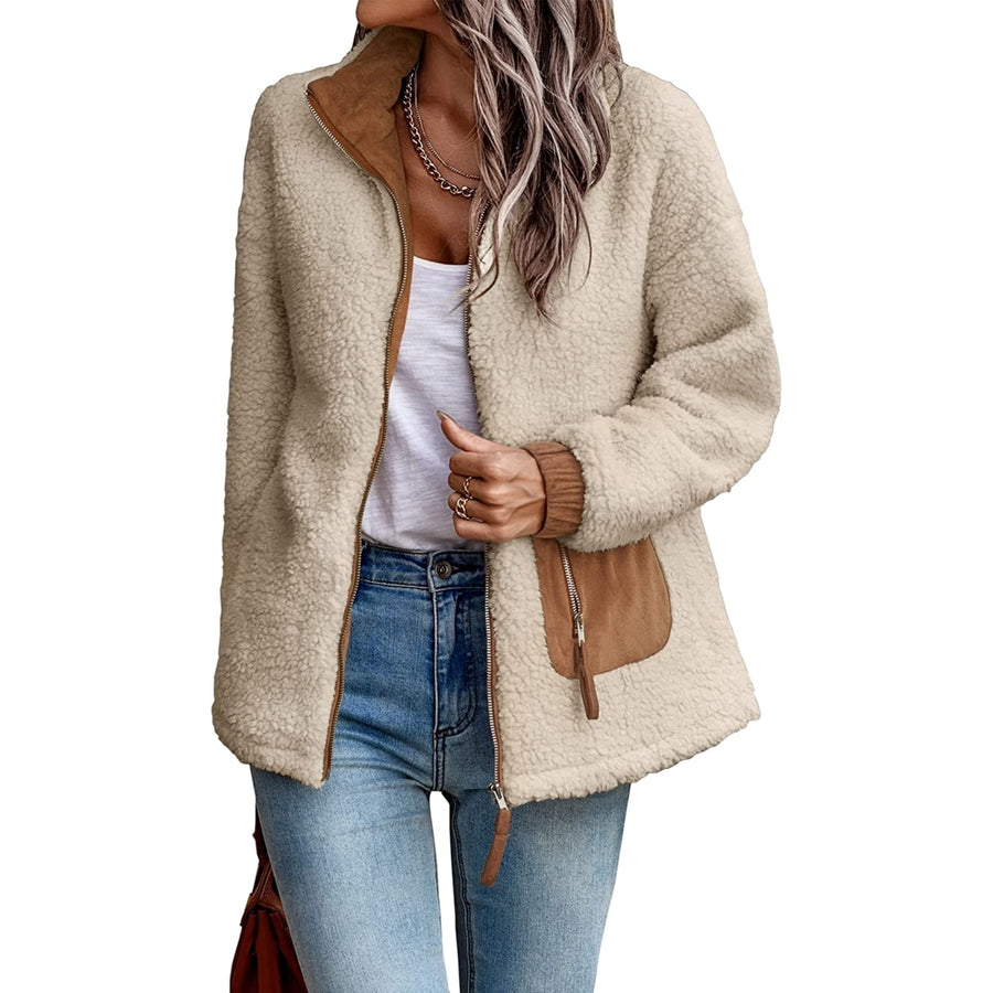 Womens Sherpa Fleece Jackets Casual Long Sleeve Open Front Zip Up Lapel Jacket Fuzzy Coat Faux faux Outwear Image 1