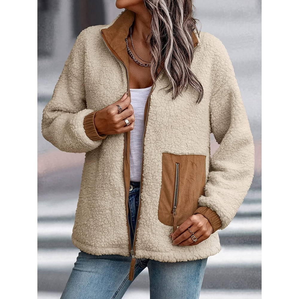 Womens Sherpa Fleece Jackets Casual Long Sleeve Open Front Zip Up Lapel Jacket Fuzzy Coat Faux faux Outwear Image 2