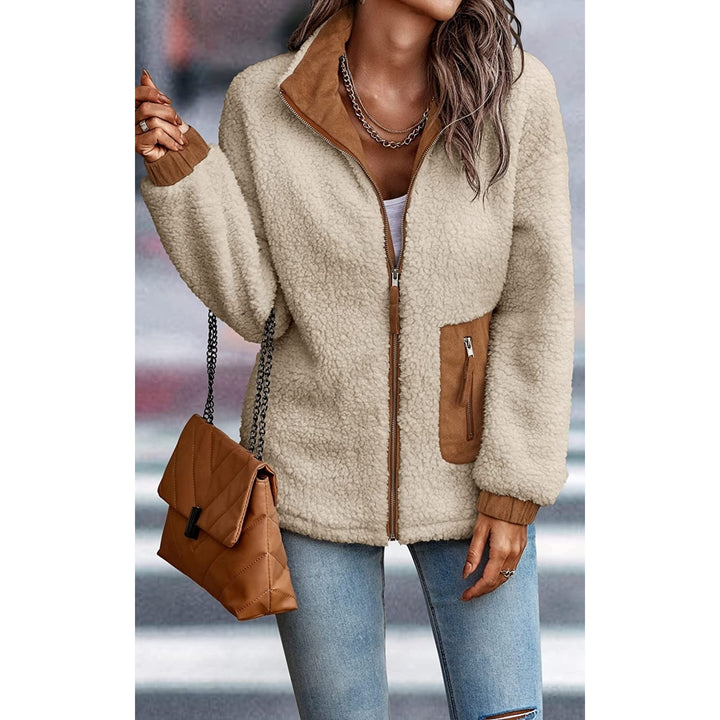 Womens Sherpa Fleece Jackets Casual Long Sleeve Open Front Zip Up Lapel Jacket Fuzzy Coat Faux faux Outwear Image 4