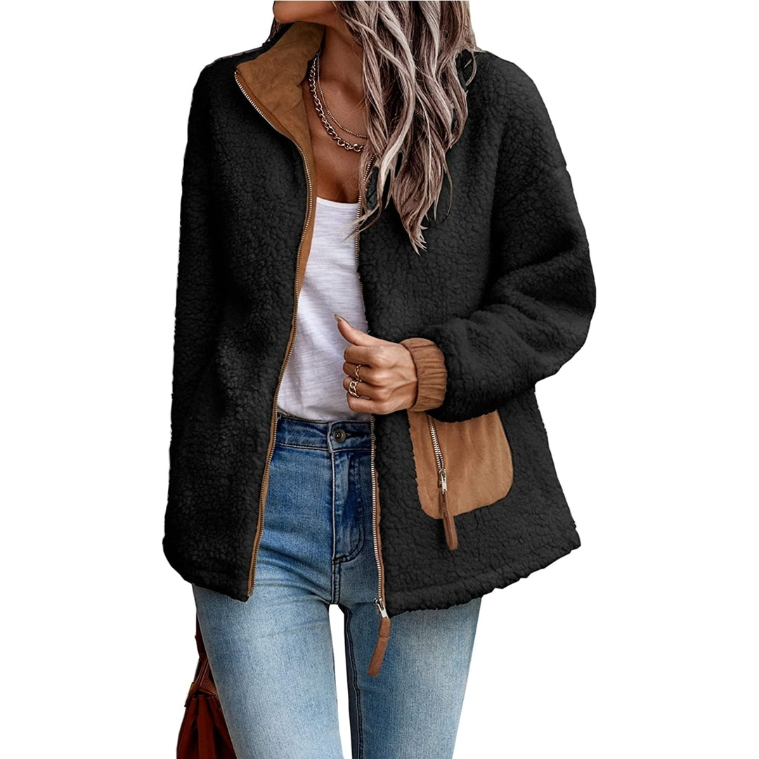 Womens Sherpa Fleece Jackets Casual Long Sleeve Open Front Zip Up Lapel Jacket Fuzzy Coat Faux faux Outwear Image 4