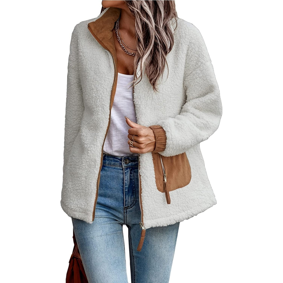 Womens Sherpa Fleece Jackets Casual Long Sleeve Open Front Zip Up Lapel Jacket Fuzzy Coat Faux faux Outwear Image 8