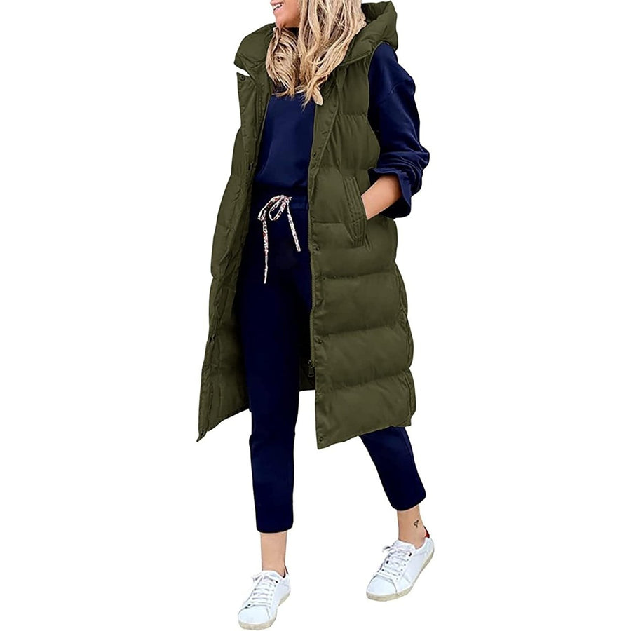 Womens Long Puffer Vest Full-Zip Hooded Sleeveless Down Jacket Coats with Pockets Image 1