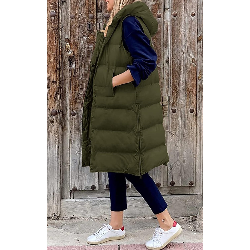 Womens Long Puffer Vest Full-Zip Hooded Sleeveless Down Jacket Coats with Pockets Image 2