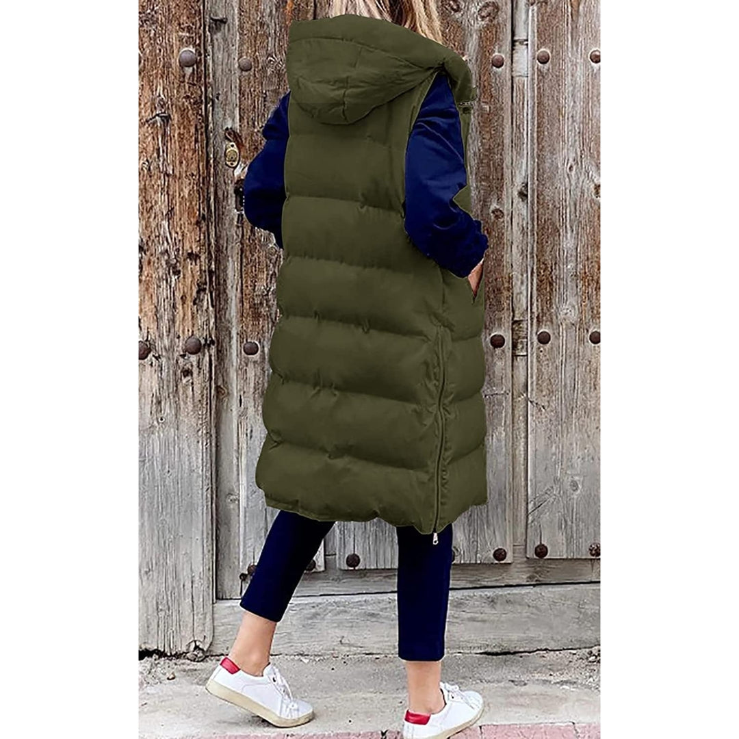 Womens Long Puffer Vest Full-Zip Hooded Sleeveless Down Jacket Coats with Pockets Image 3