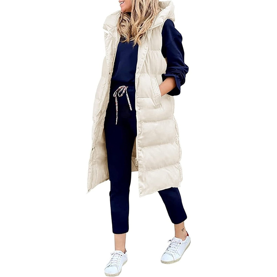 Womens Long Puffer Vest Full-Zip Hooded Sleeveless Down Jacket Coats with Pockets Image 4