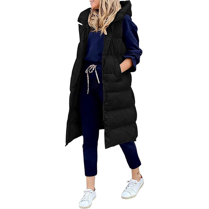 Womens Long Puffer Vest Full-Zip Hooded Sleeveless Down Jacket Coats with Pockets Image 4