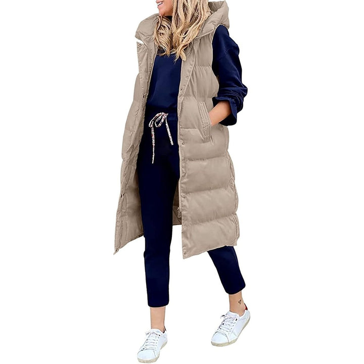 Womens Long Puffer Vest Full-Zip Hooded Sleeveless Down Jacket Coats with Pockets Image 6