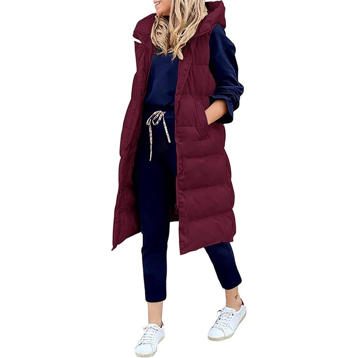 Womens Long Puffer Vest Full-Zip Hooded Sleeveless Down Jacket Coats with Pockets Image 7