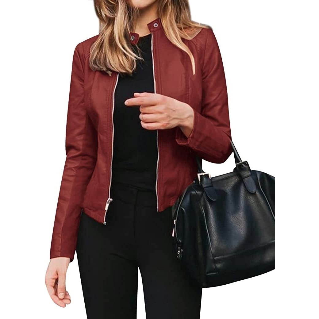 Womens Faux Leather Jacket Lightweight Faux Suede Motorcycle Jackets Zip Up Short Pleather Outwear Coat Image 1