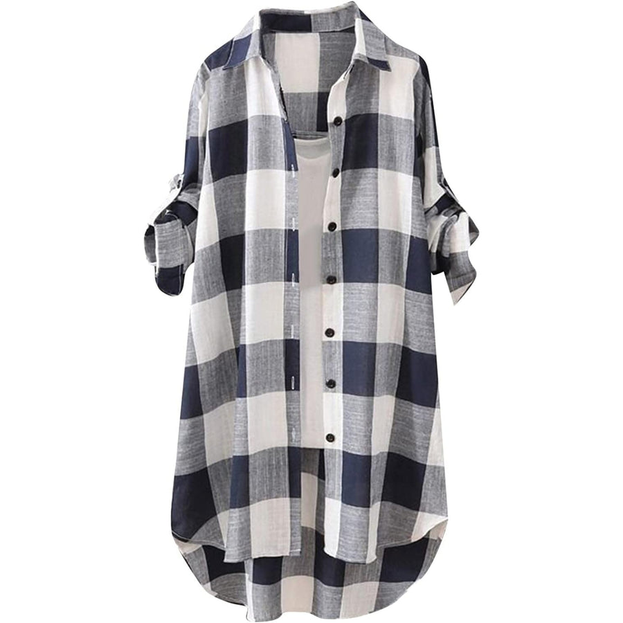 Womens Plaid Long Shirt Jacket Lounge Lapel Button Up Long Sleeve High Low Long Shacket Tunic Tops Image 1